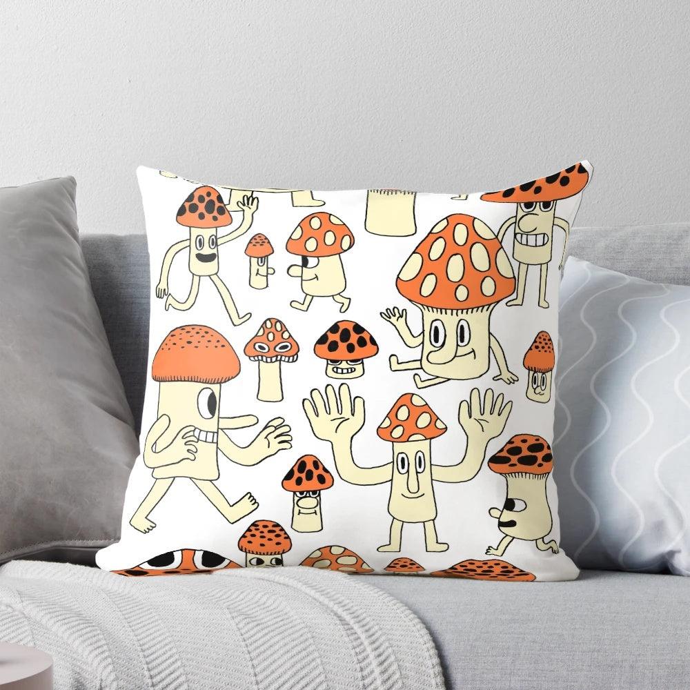 Vibrant and charming mushroom character pillow with a bold, nature-inspired design.