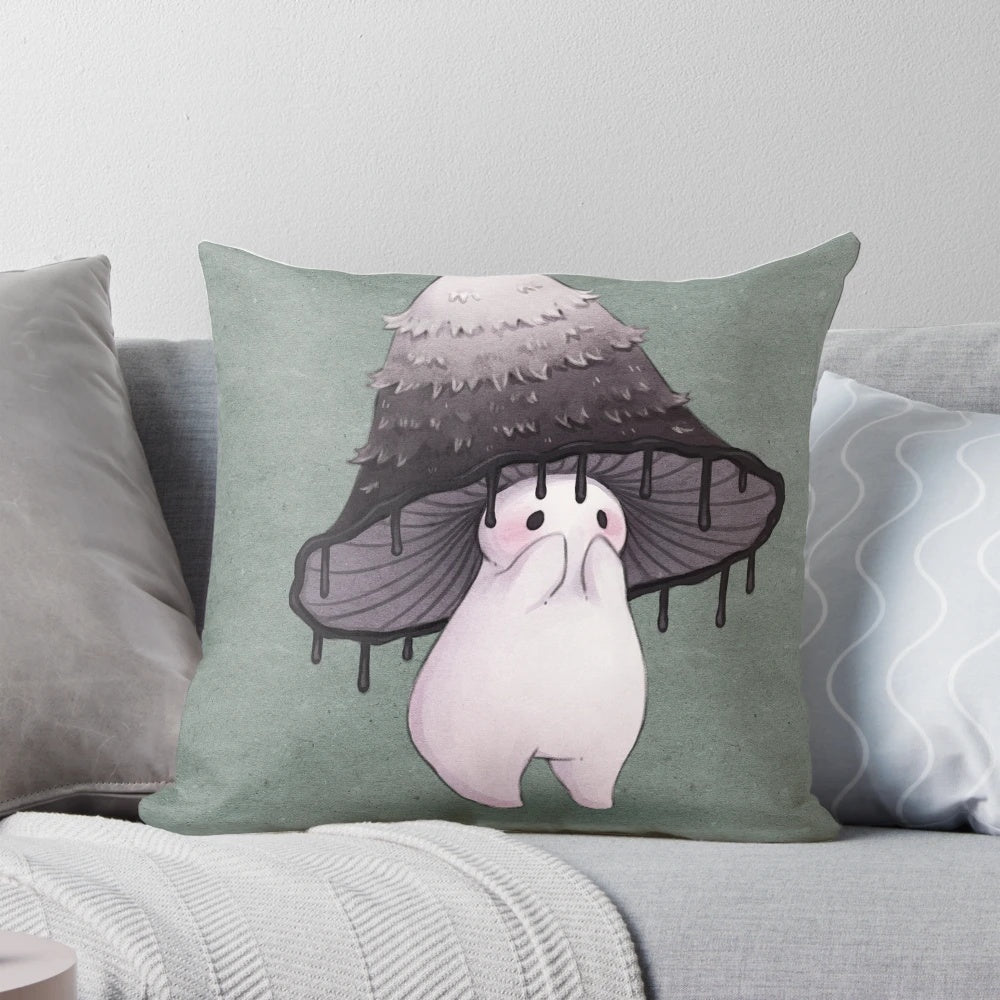 Decorative mushroom-shaped throw pillow in a stylized, artistic design
