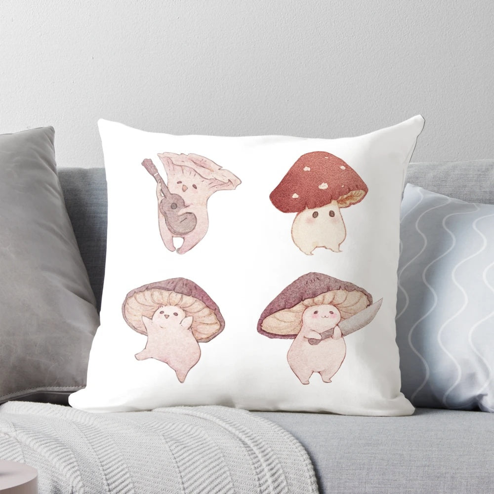 Four adorable mushroom characters on a soft, decorative pillow for a fairy tale-inspired room.