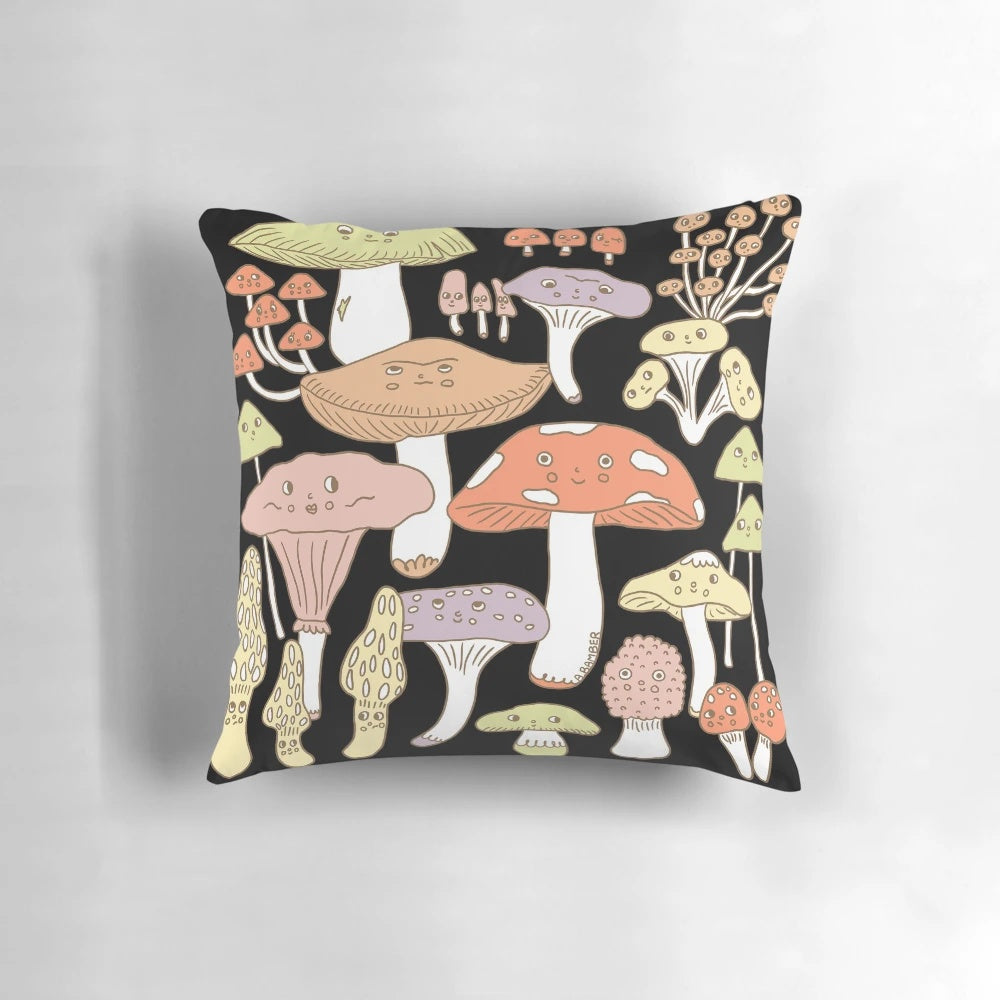 Cute and whimsical mushroom-themed throw pillow with muted earth tones, perfect for adding a touch of nature-inspired fantasy to any room.