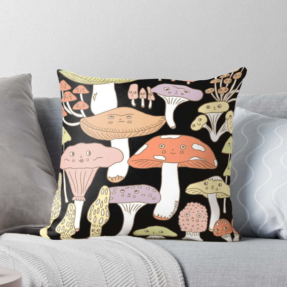 Cute and whimsical mushroom-themed throw pillow with muted earth tones, perfect for adding a touch of nature-inspired fantasy to any room.