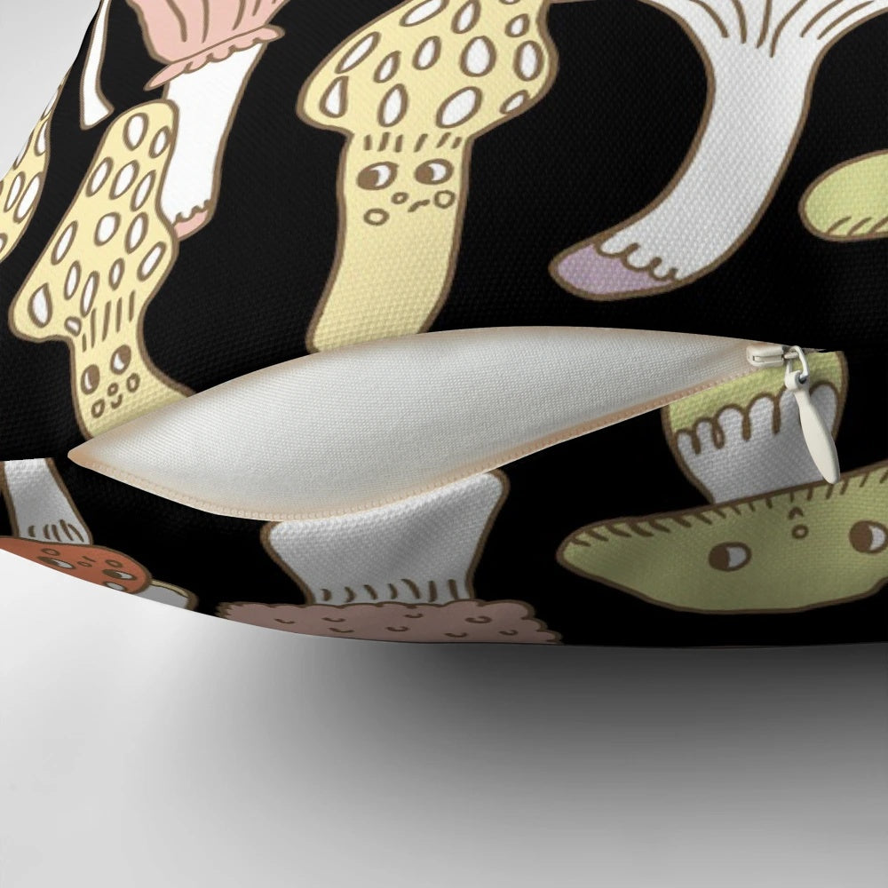 Cute and whimsical mushroom-themed throw pillow with muted earth tones, perfect for adding a touch of nature-inspired fantasy to any room.