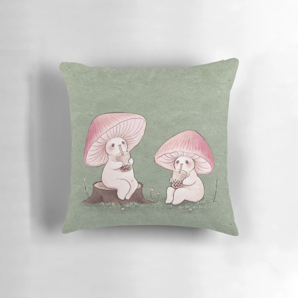 Whimsical and fairy-like mushroom-themed pillow with boba tea design