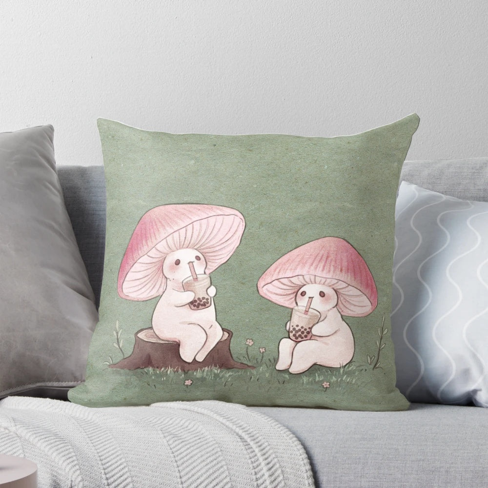 Whimsical and fairy-like mushroom-themed pillow with boba tea design