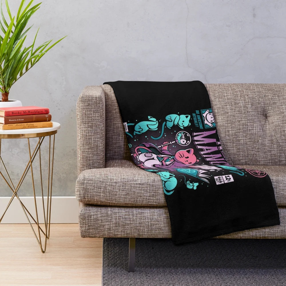 A plush purple blanket featuring a cute and whimsical cat necromancer illustration.