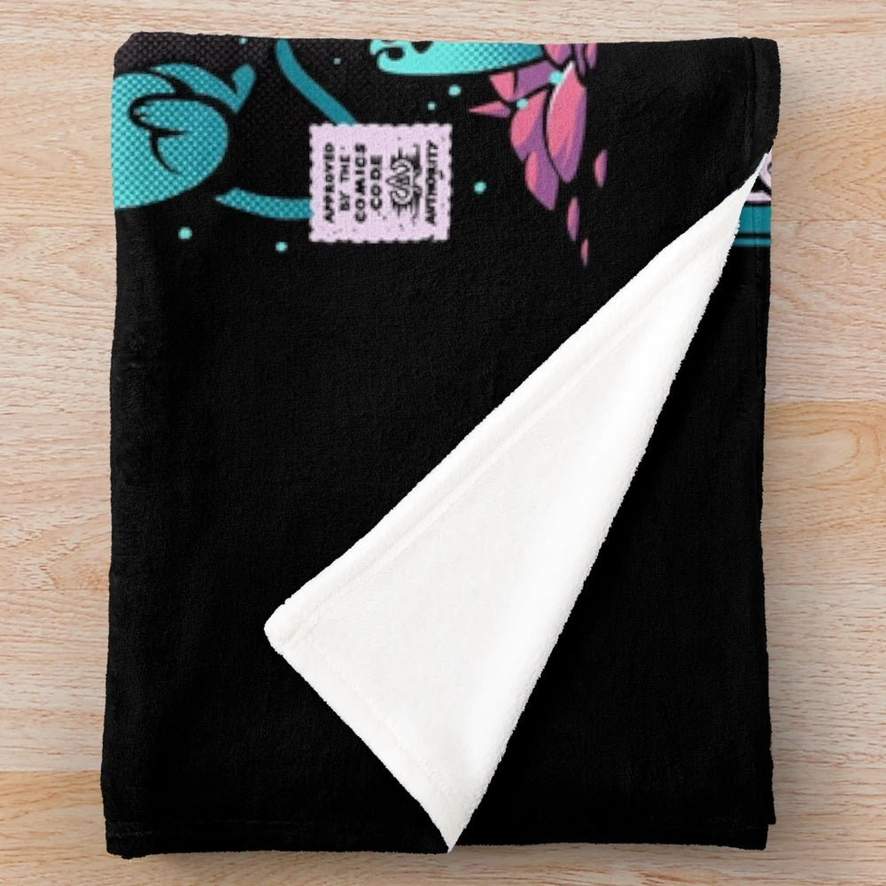 A plush purple blanket featuring a cute and whimsical cat necromancer illustration.