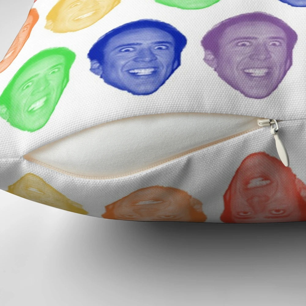 Colorful rainbow pattern pillow with a playful image of actor Nicholas Cage