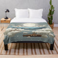 Whimsical ocean plush blanket with surreal skies and nature elements