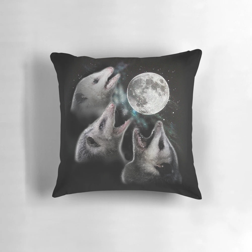 Whimsical Opossum Moon Pillow featuring a three-eyed opossum under a full moon