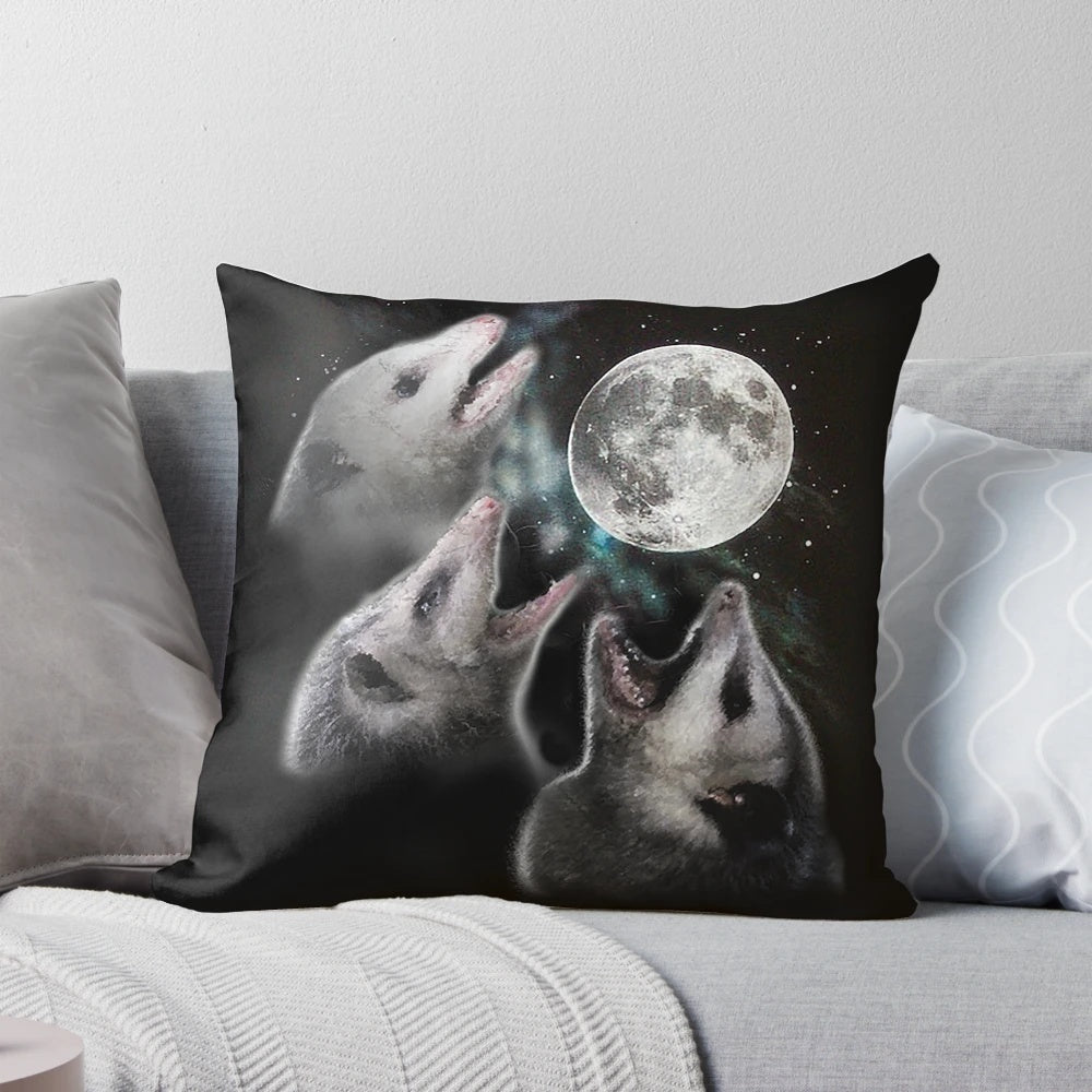 Whimsical Opossum Moon Pillow featuring a three-eyed opossum under a full moon
