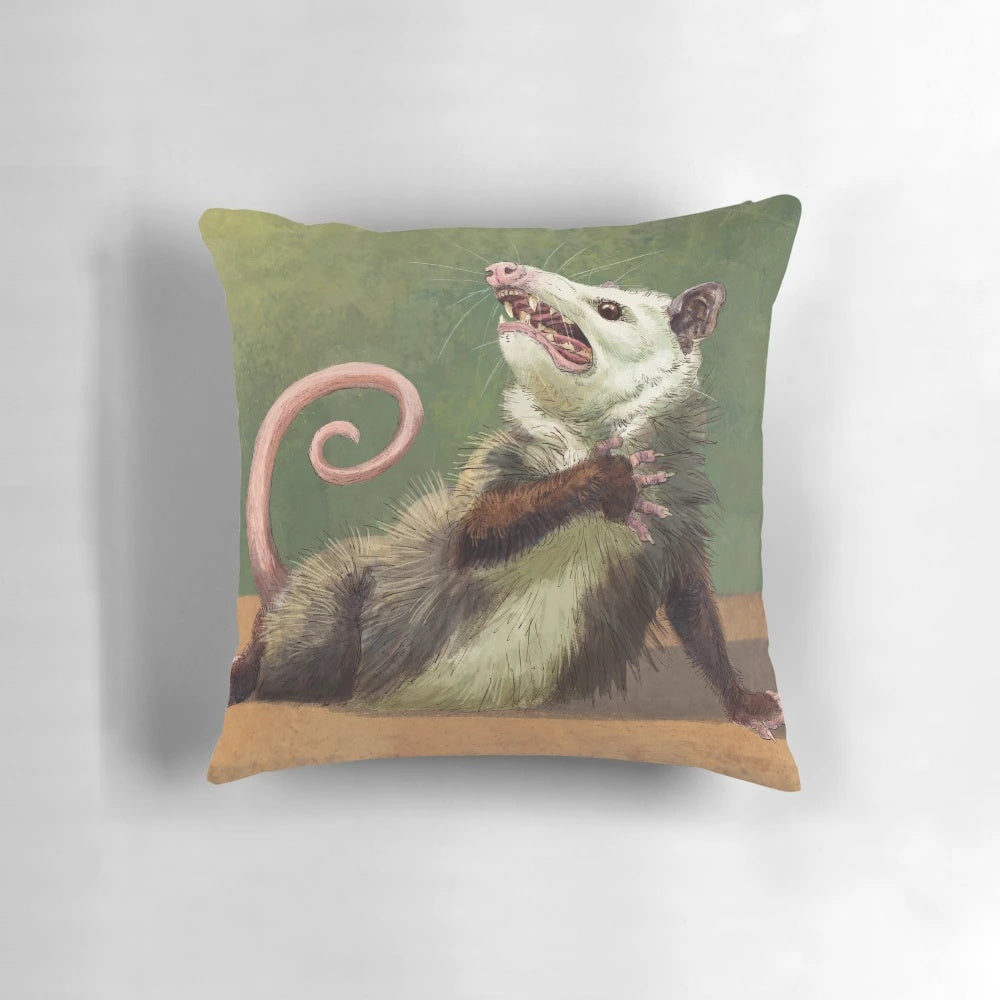Decorative throw pillow featuring a whimsical opossum with a dramatic expression