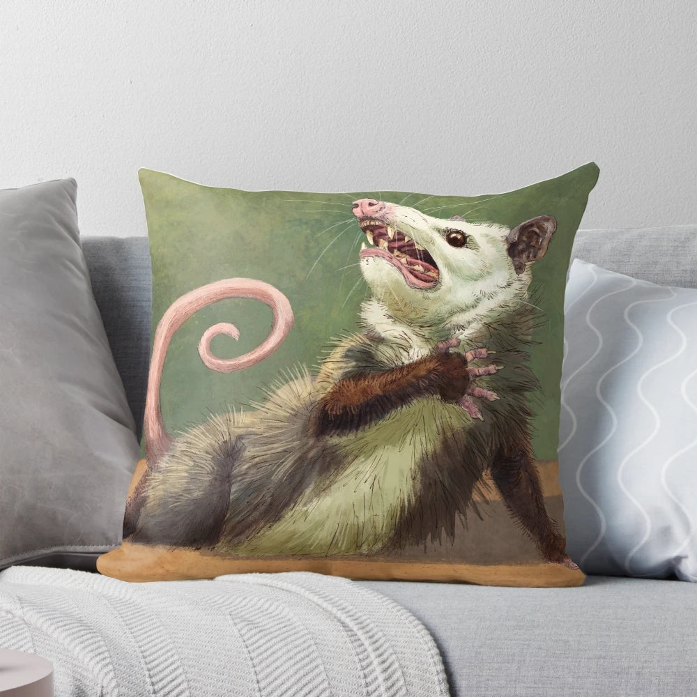 Decorative throw pillow featuring a whimsical opossum with a dramatic expression