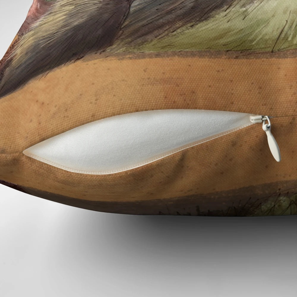 Decorative throw pillow featuring a whimsical opossum with a dramatic expression
