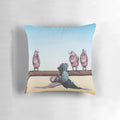 A black and white, whimsical illustration of an emu in the Australian outback on a decorative pillow.