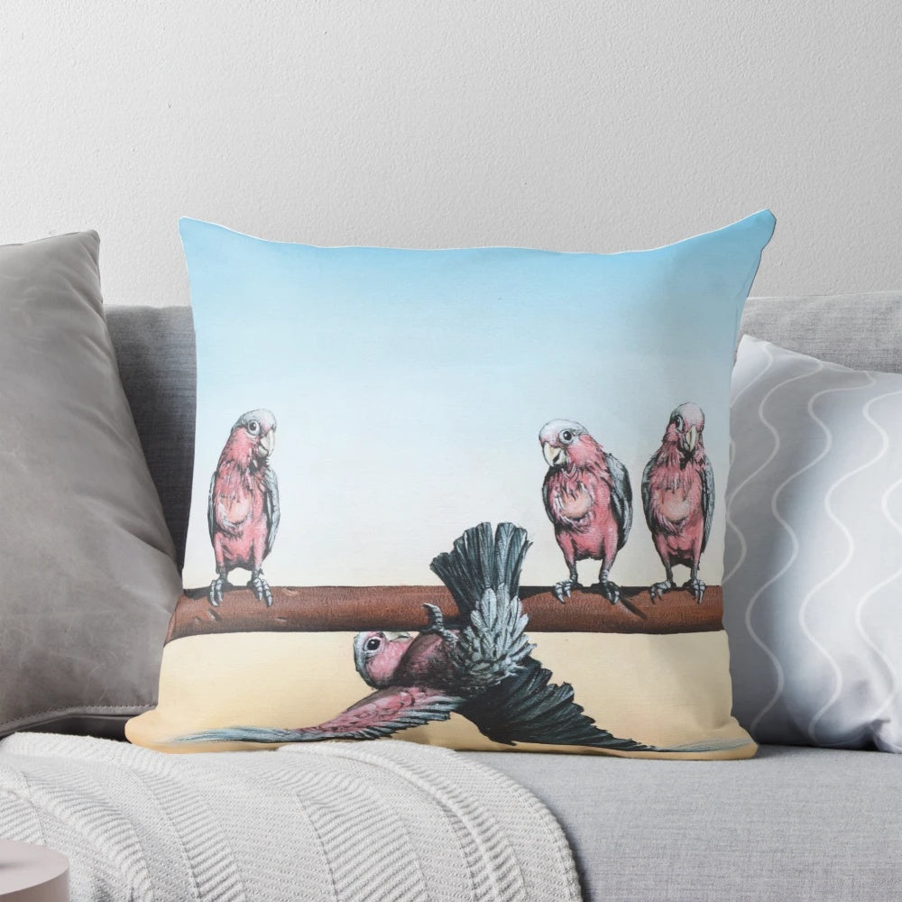 A black and white, whimsical illustration of an emu in the Australian outback on a decorative pillow.