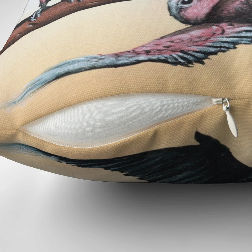 A black and white, whimsical illustration of an emu in the Australian outback on a decorative pillow.