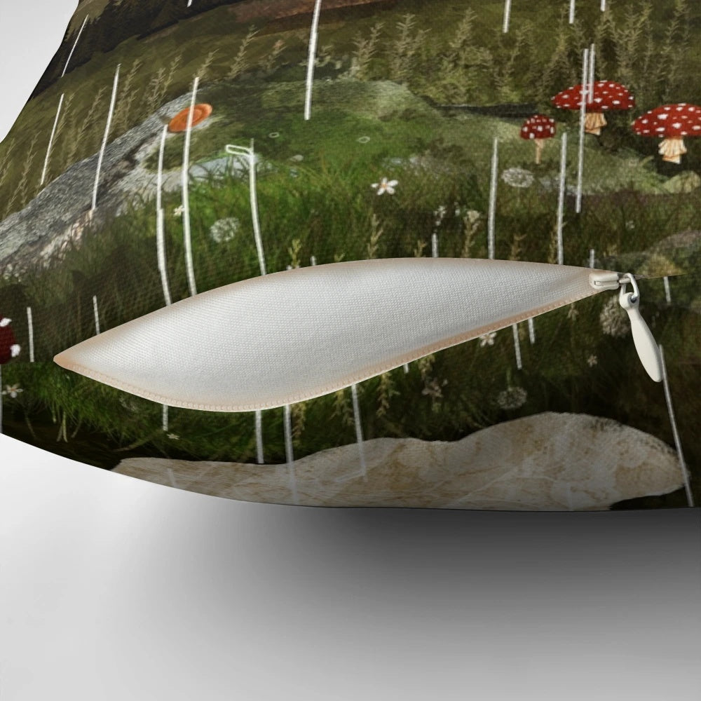 A plush, whimsical pillow featuring a design with rain, nature elements, and a ghost, perfect for cozy, enchanted home decor.