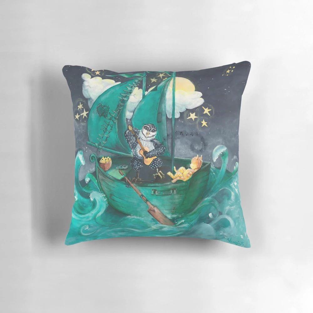 Illustrated pillow featuring an owl and pussycat sailing on a boat, perfect for home decor