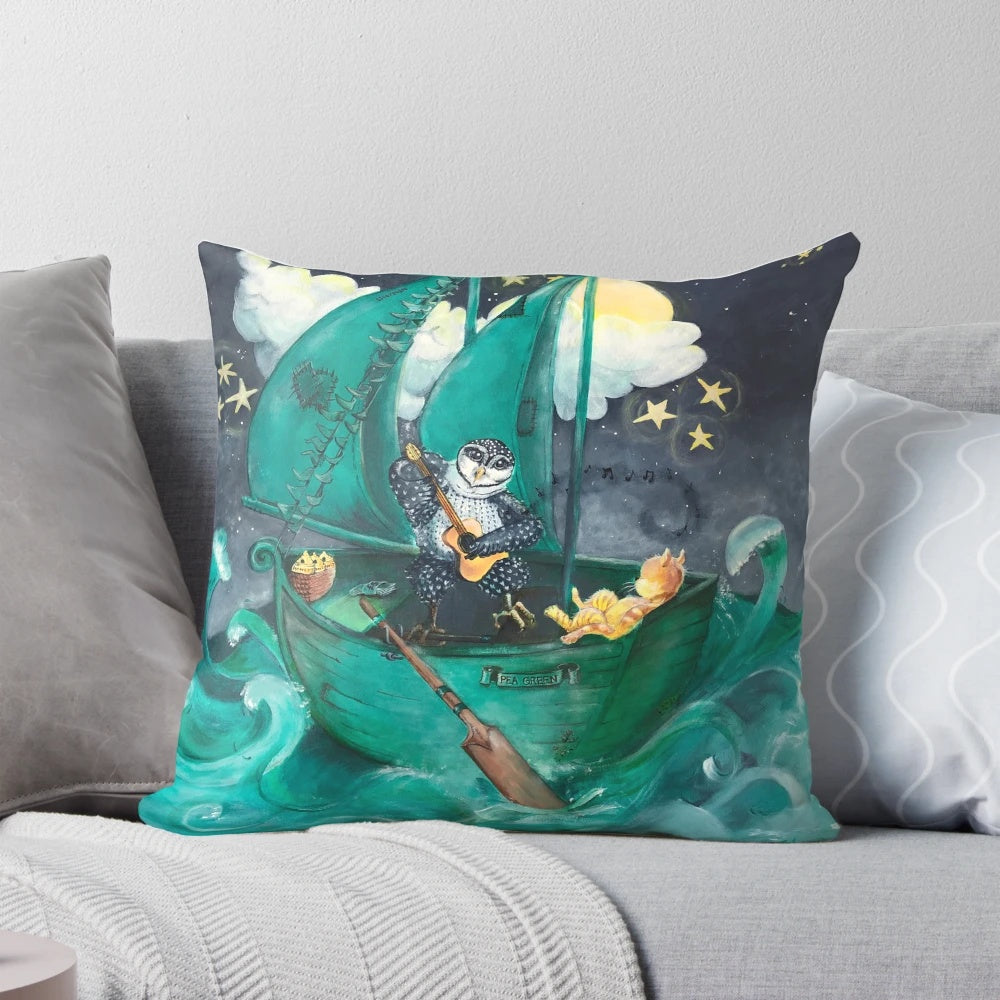 Illustrated pillow featuring an owl and pussycat sailing on a boat, perfect for home decor