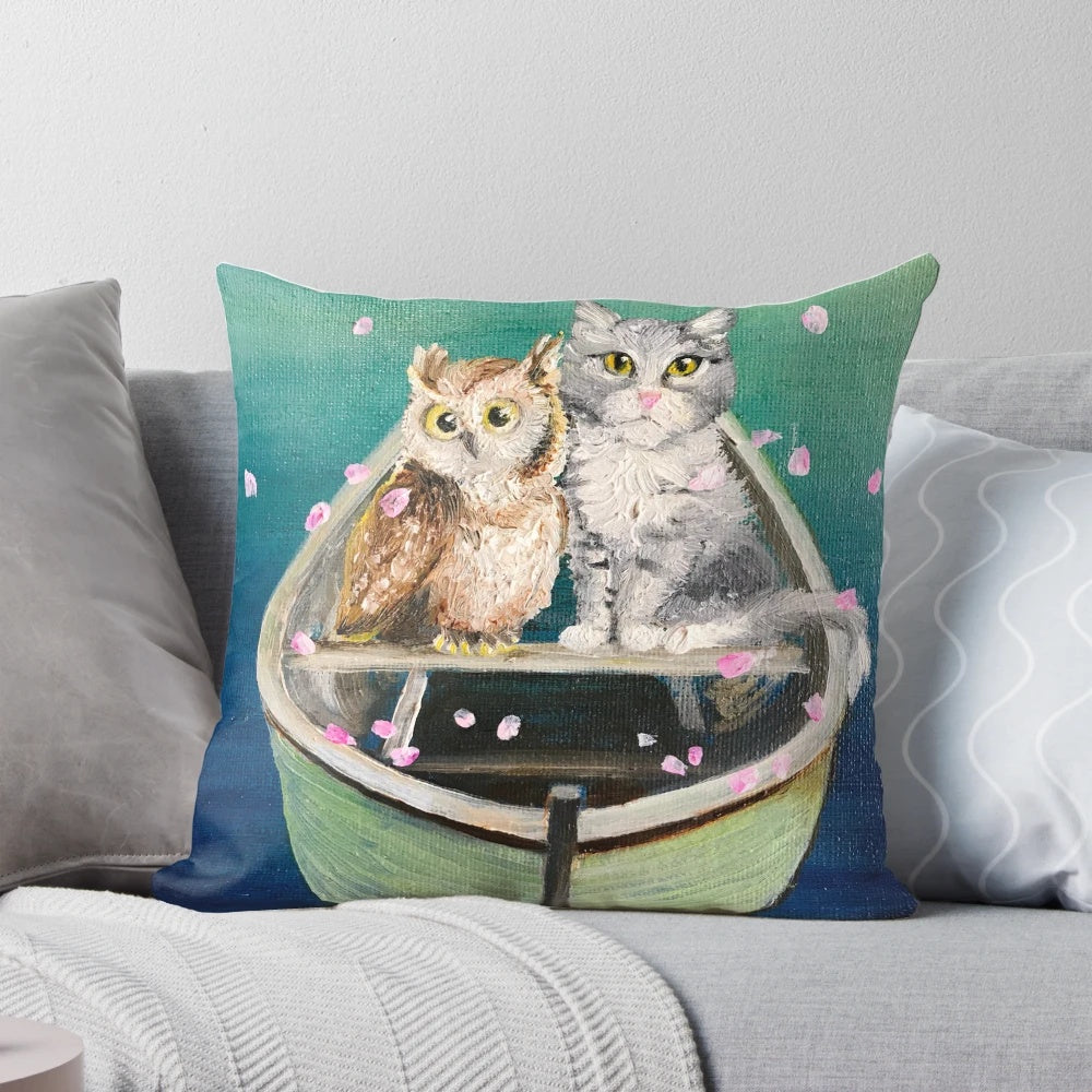 Colorful pillow featuring characters from the classic poem "The Owl and The Pussycat" by Rudyard Kipling