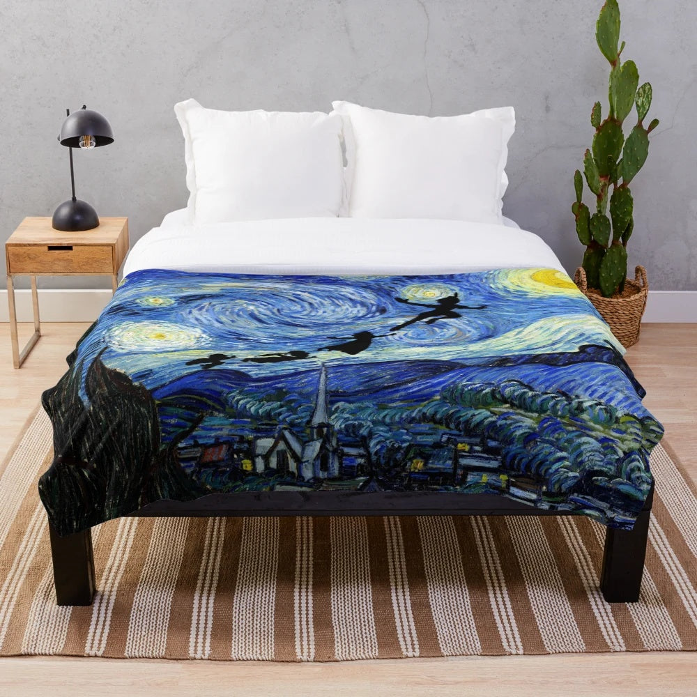 Peter Pan Starry Night Plush Blanket with Fantasy Silhouette and Dreamlike Starscape