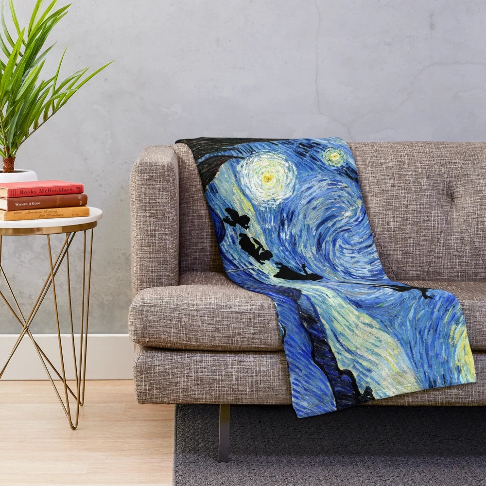 Peter Pan Starry Night Plush Blanket with Fantasy Silhouette and Dreamlike Starscape