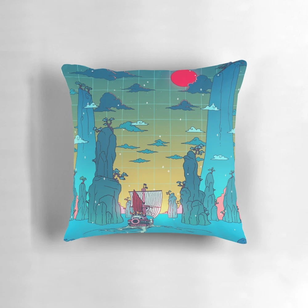 Whimsical pillow featuring anime and vaporwave-inspired design