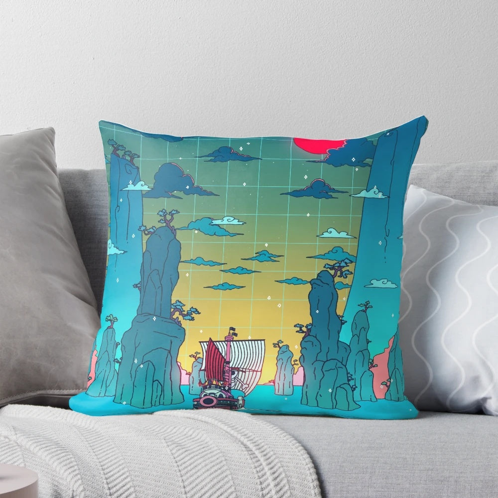 Whimsical pillow featuring anime and vaporwave-inspired design