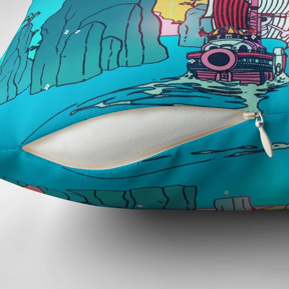 Whimsical pillow featuring anime and vaporwave-inspired design