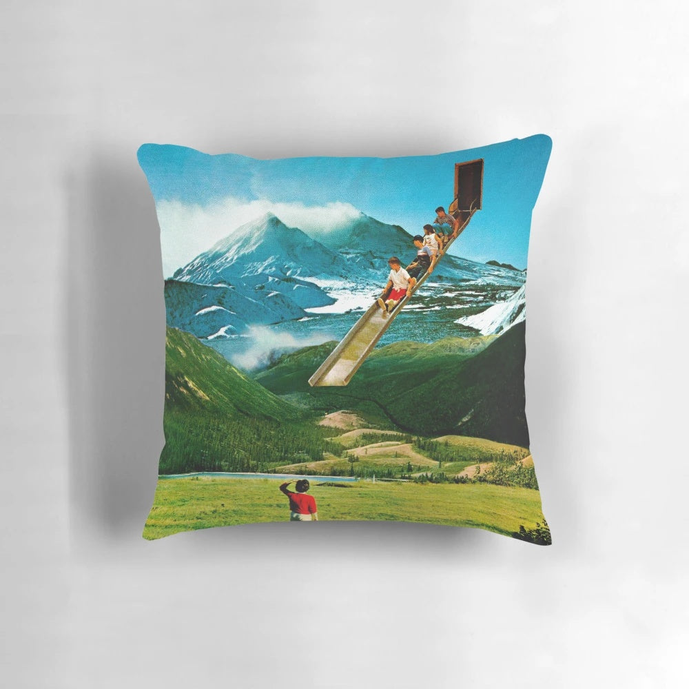 Colorful and surreal collage art design on a plush, play time pillow for children