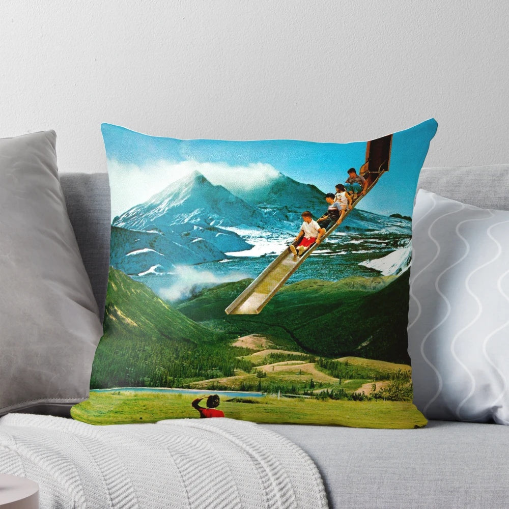 Colorful and surreal collage art design on a plush, play time pillow for children