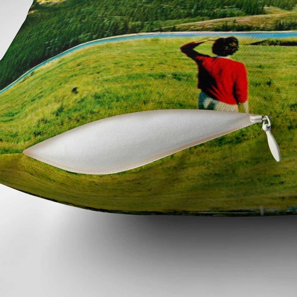 Colorful and surreal collage art design on a plush, play time pillow for children