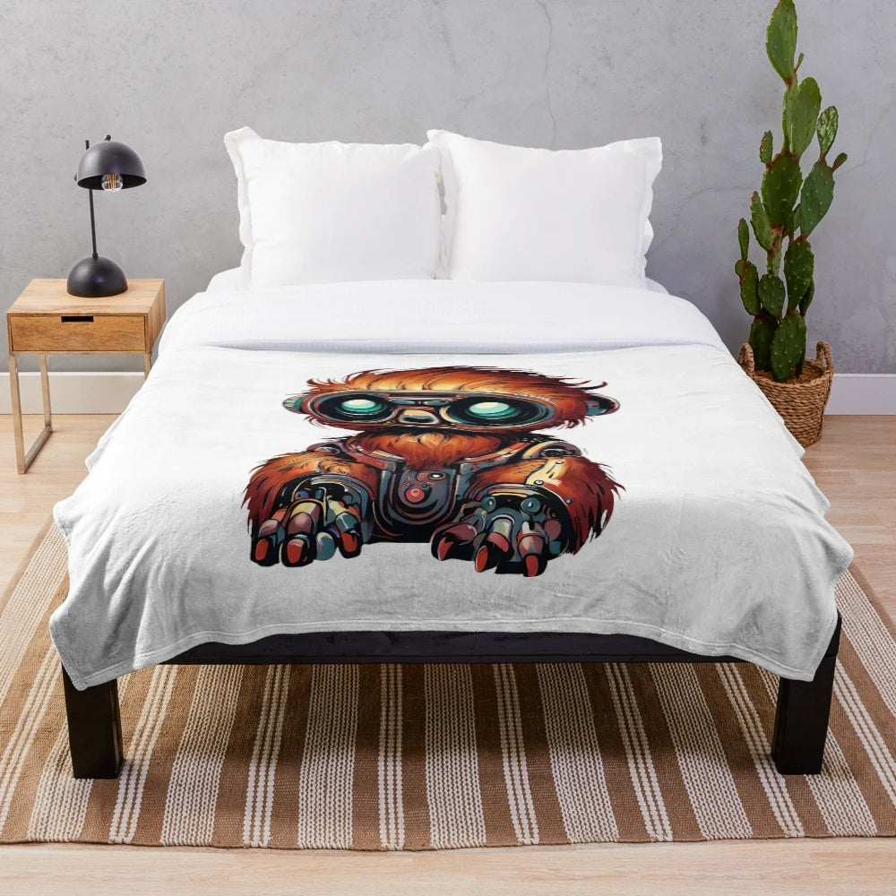 Plush blanket with a robotic Bigfoot design