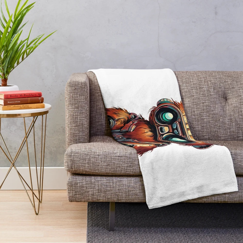 Plush blanket with a robotic Bigfoot design