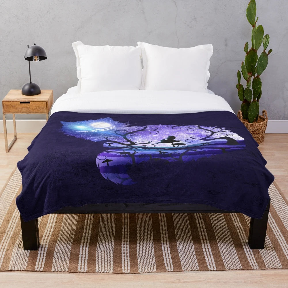 Whimsical plush blanket with Cheshire cat silhouette and stars