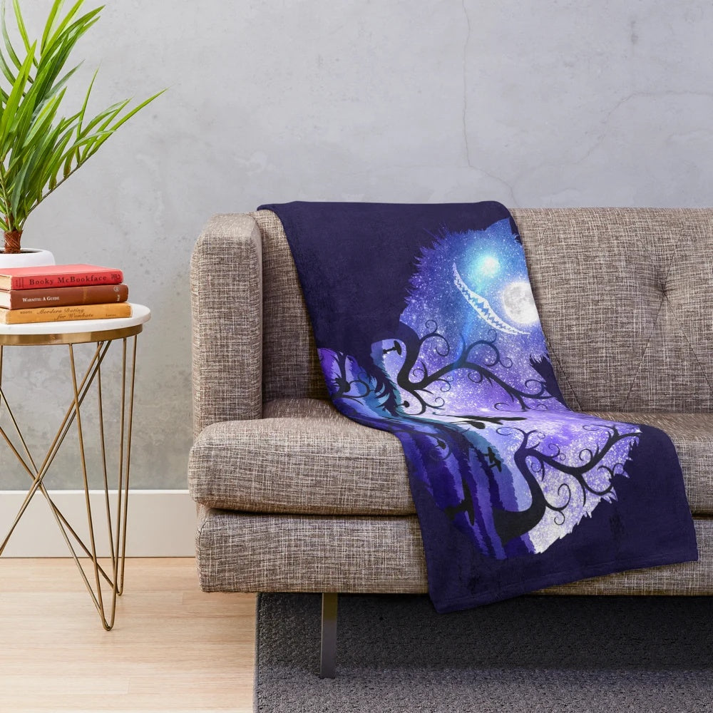 Whimsical plush blanket with Cheshire cat silhouette and stars