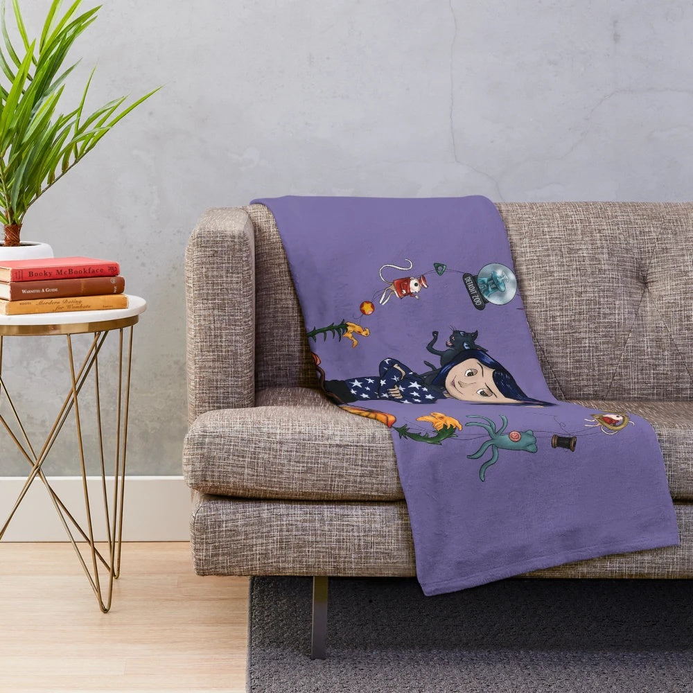Whimsical plush blanket featuring Coraline-inspired imagery and characters