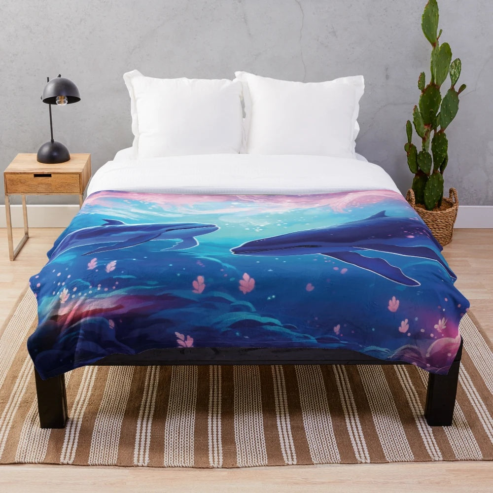 Plush blanket featuring a whale in an ocean scene with fantasy and whimsical elements by artist BrianM