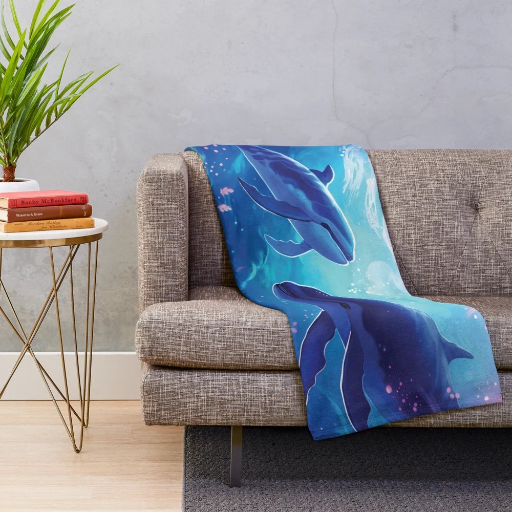 Plush blanket featuring a whale in an ocean scene with fantasy and whimsical elements by artist BrianM
