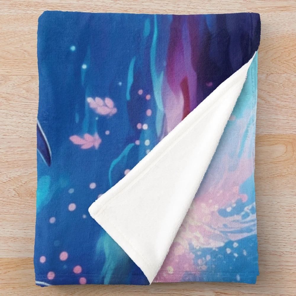 Plush blanket featuring a whale in an ocean scene with fantasy and whimsical elements by artist BrianM