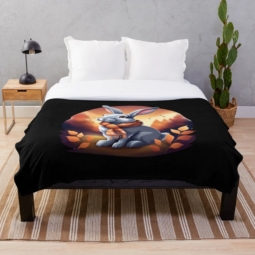 Whimsical rabbit plush blanket with autumn illustrations