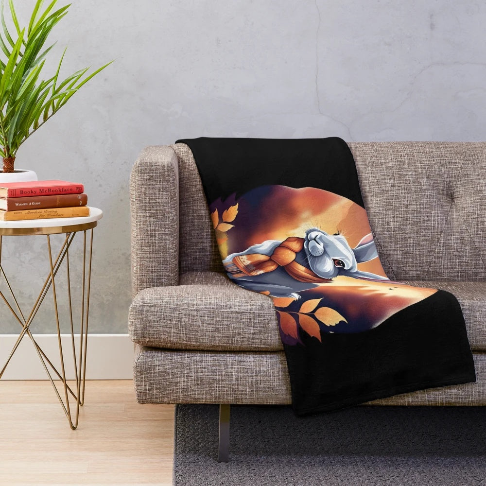 Whimsical rabbit plush blanket with autumn illustrations