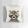 Whimsical watercolor illustration of a cute raccoon on a plush pillow, perfect for nature inspired home decor or a child's nursery.
