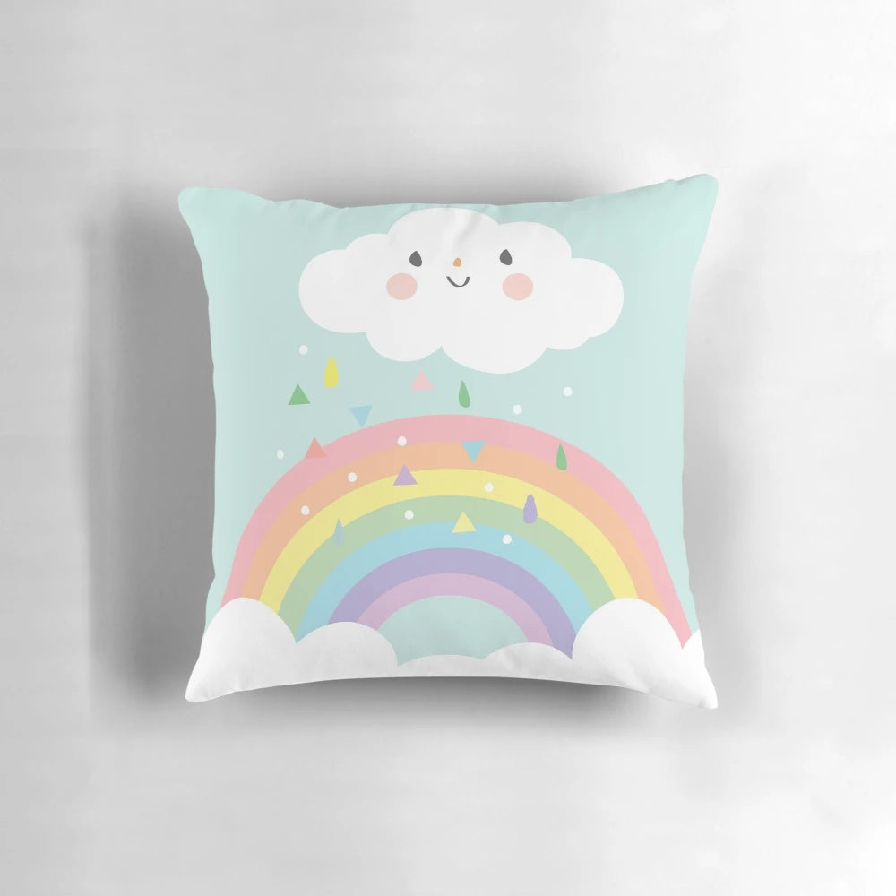Colorful rainbow cloud design printed on canvas pillow for nursery or bedroom decor