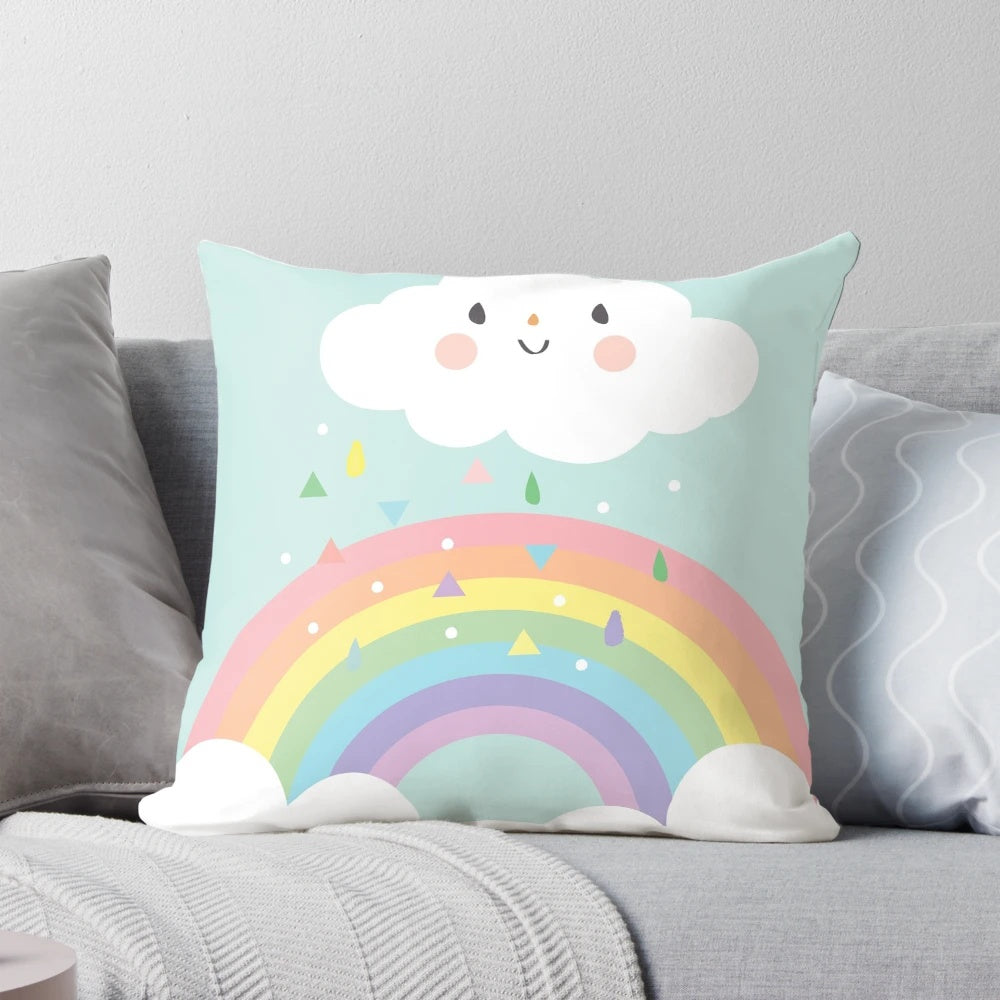 Colorful rainbow cloud design printed on canvas pillow for nursery or bedroom decor