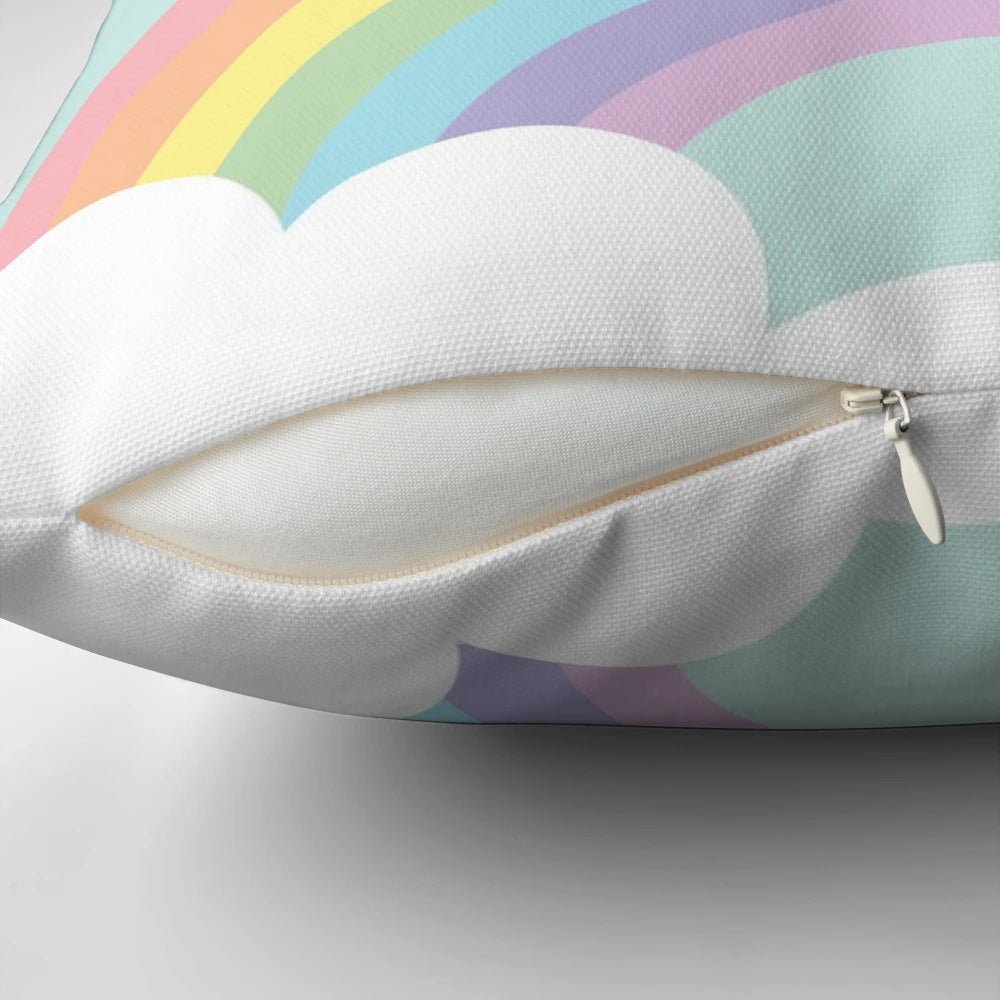 Colorful rainbow cloud design printed on canvas pillow for nursery or bedroom decor