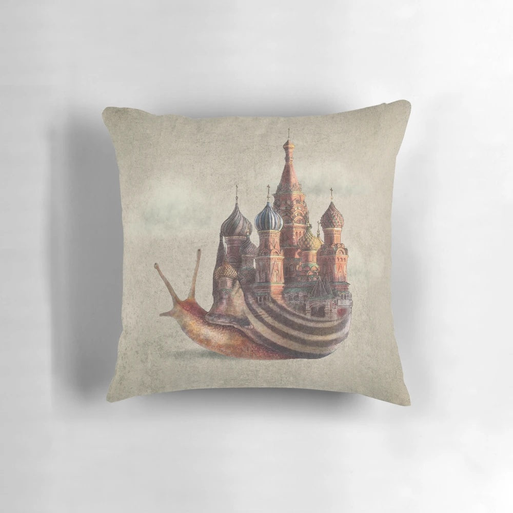 Whimsical and surreal pillow featuring a snail design with architectural and inspirational elements