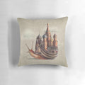 Whimsical and surreal pillow featuring a snail design with architectural and inspirational elements