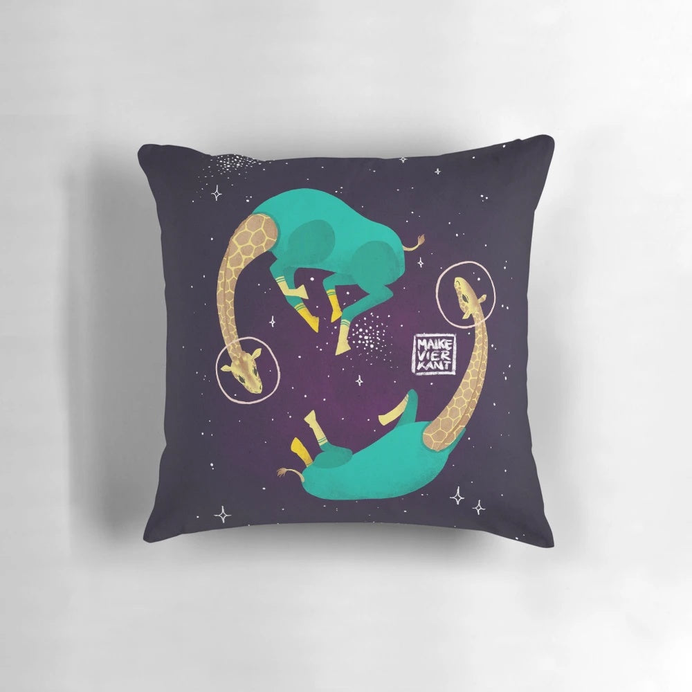 Digital illustration of cute, floating giraffes in a space-themed design.