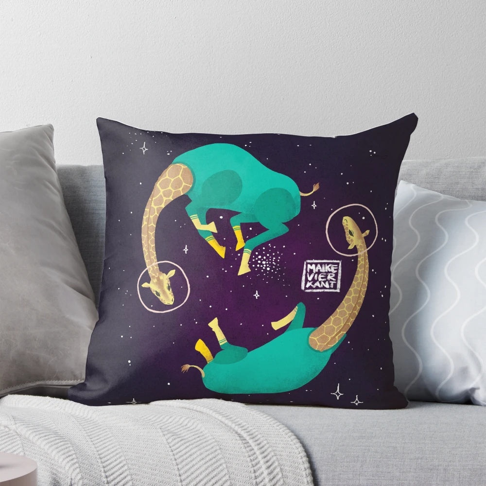 Digital illustration of cute, floating giraffes in a space-themed design.